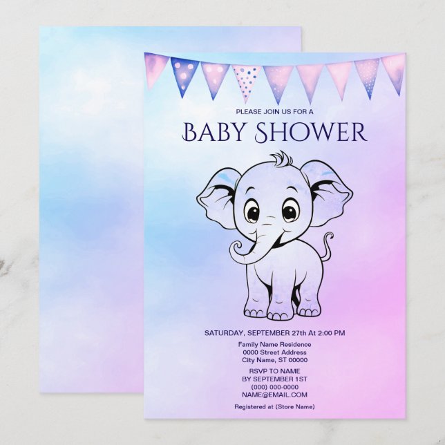 Invitación a Baby Shower para elefantes cutáneos (Anverso / Reverso)