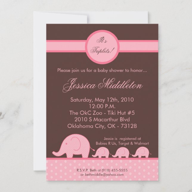 Invitación a Baby Shower para elefantes de 5 Chica (Anverso)