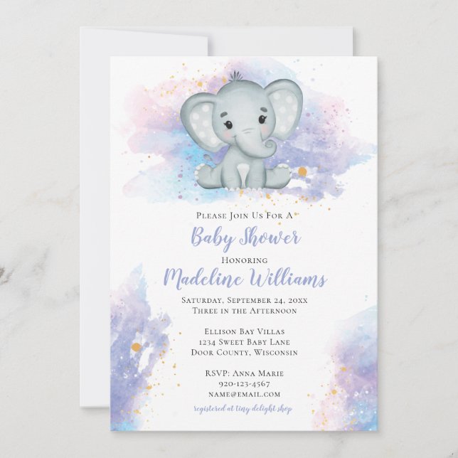 Invitación a Baby Shower para Elefantes de Acuarel (Anverso)