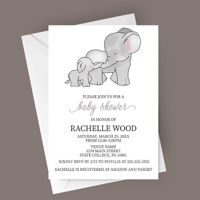 Invitación a Baby Shower para Elefantes de Acuarel (Watercolor Hand-drawn Elephant Baby Shower Invitation)