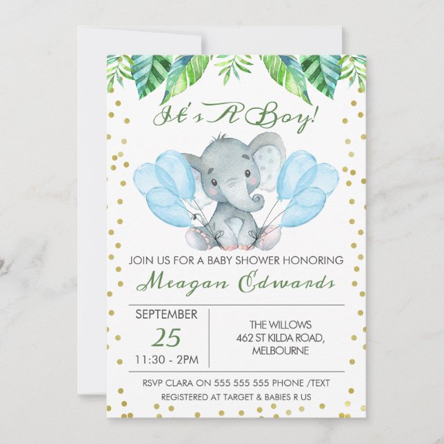 Invitación a Baby Shower para Elefantes de Acuarel (Anverso)