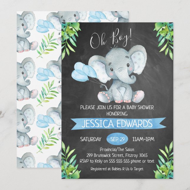 Invitación a Baby Shower para elefantes de cartón  (Anverso / Reverso)