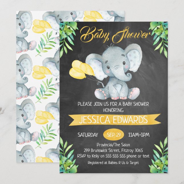 Invitación a Baby Shower para elefantes de cartón  (Anverso / Reverso)