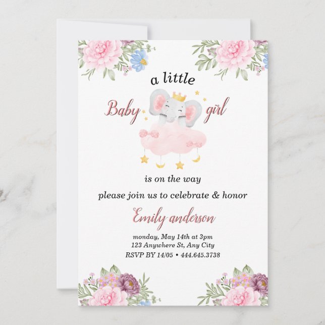 Invitación a Baby Shower para elefantes de flores  (Anverso)