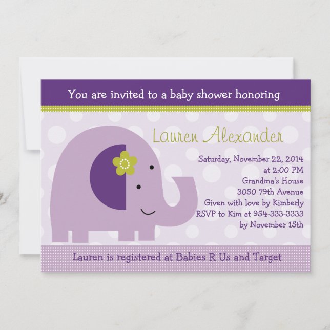 Invitación a Baby Shower para Elefantes de Lavende (Anverso)