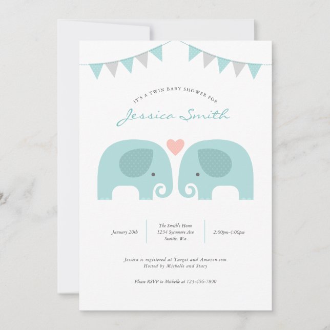 Invitación a Baby Shower para elefantes de Twins (Anverso)