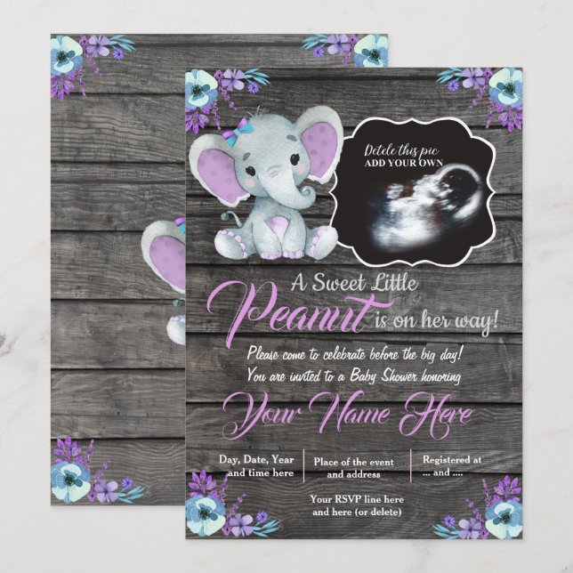 Invitación a Baby Shower para elefantes de ultraso (Anverso / Reverso)