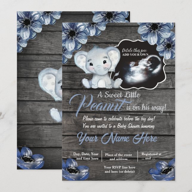 Invitación a Baby Shower para elefantes de ultraso (Anverso / Reverso)