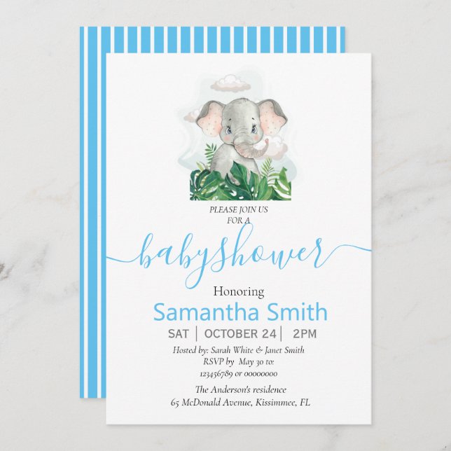 Invitación a Baby Shower para elefantes dulces (Anverso / Reverso)
