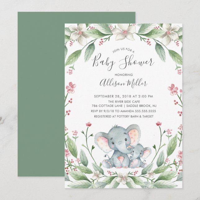 Invitación a Baby Shower para elefantes dulces (Anverso / Reverso)