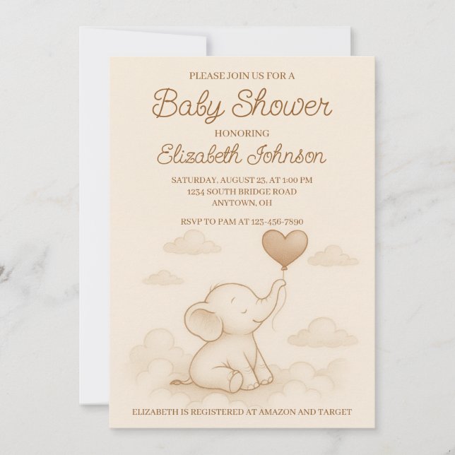 Invitación a Baby Shower para elefantes dulces (Anverso)