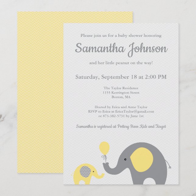 Invitación a Baby Shower para elefantes en amarill (Anverso / Reverso)
