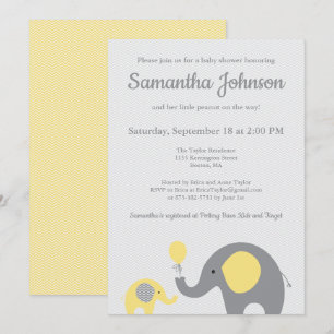 Invitación a Baby Shower para elefantes en amarill
