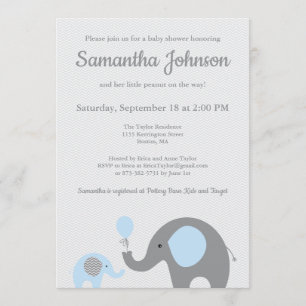 Invitación a Baby Shower para elefantes en azul y 