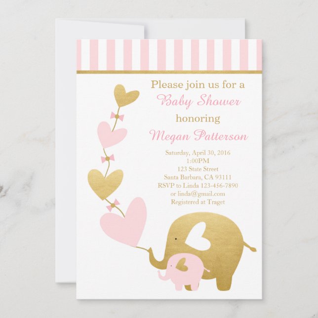 Invitación a Baby Shower para elefantes en rosa y  (Anverso)