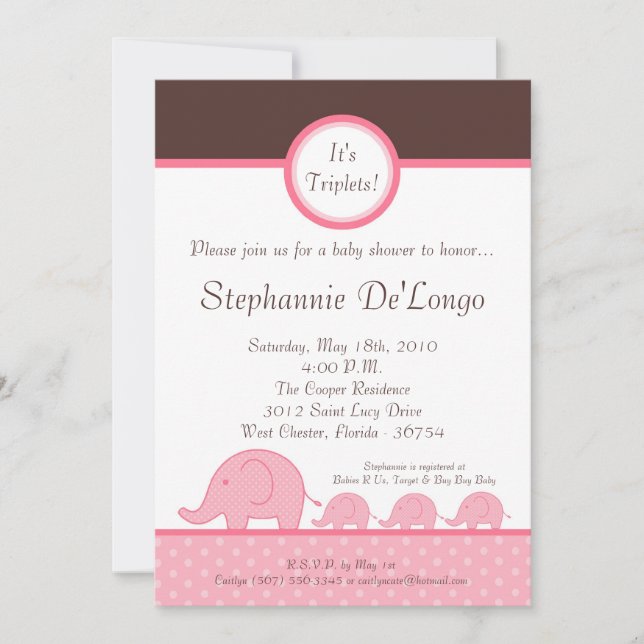 Invitación a Baby Shower para elefantes en trilliz (Anverso)