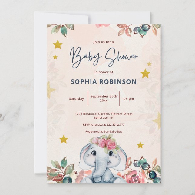 Invitación a Baby Shower para elefantes florales (Anverso)