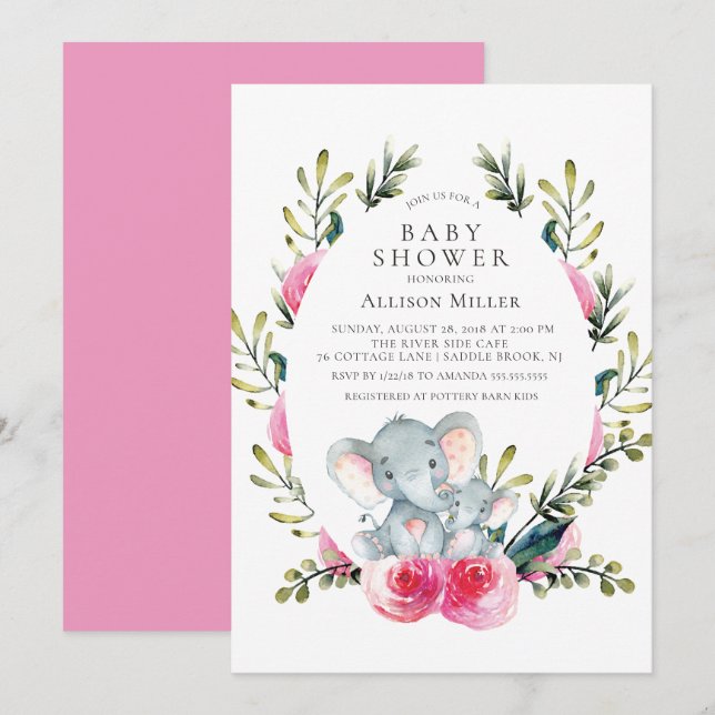 Invitación a Baby Shower para elefantes florales (Anverso / Reverso)