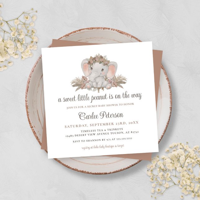 Invitación a Baby Shower para elefantes florales d (Unique Boho Baby Shower Invitation with Cute Elephant and Bohemian Floral with Pampas Grass)
