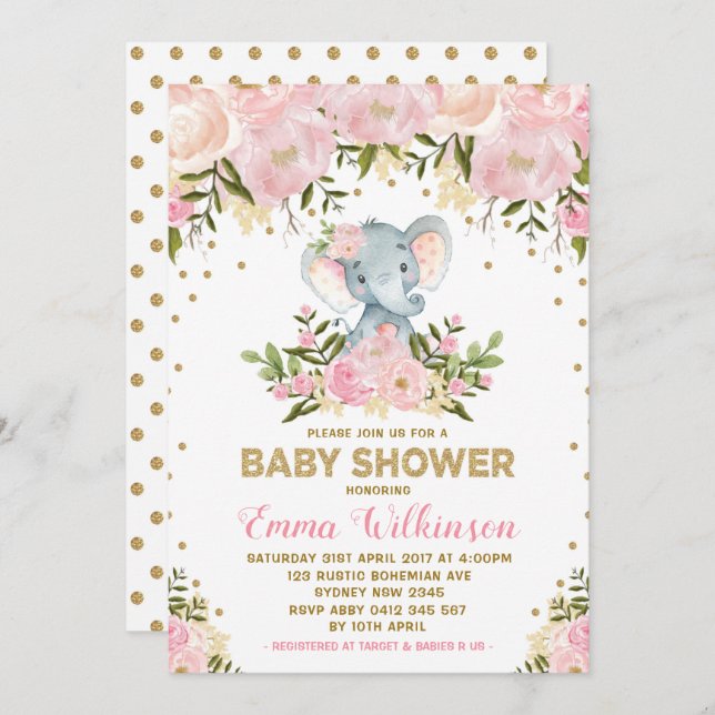 Invitación a Baby Shower para elefantes florales r (Anverso / Reverso)