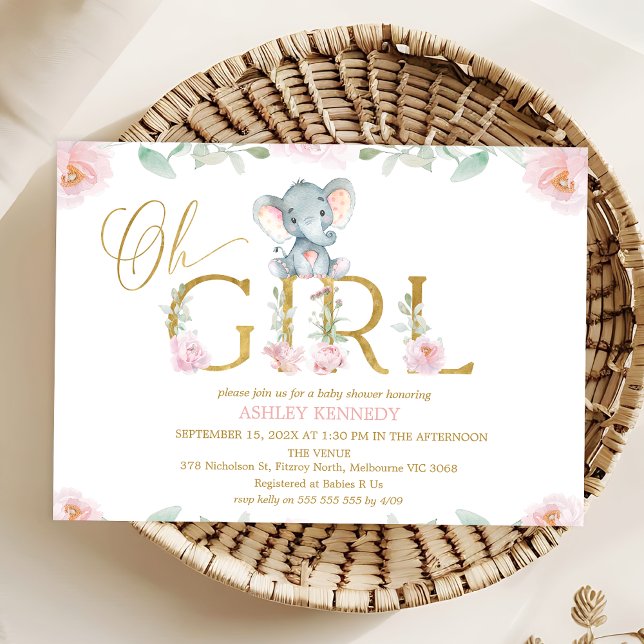 Invitación a Baby Shower para elefantes florales r (Girls Elephant Baby Shower Invitation, Floral Elephant Baby Shower Invitation Template, Oh Girl Baby)