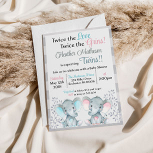 Invitación a Baby Shower para elefantes gemelos