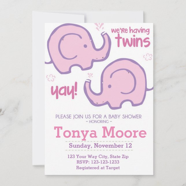 Invitación a Baby Shower para elefantes gemelos (c (Anverso)