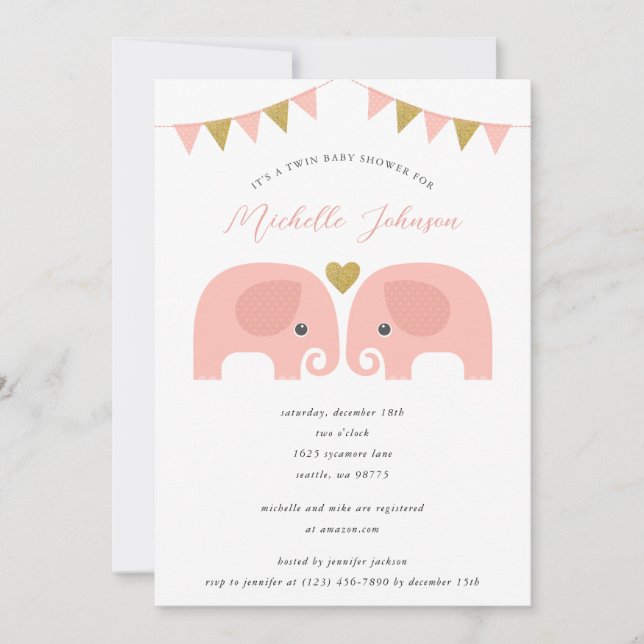 Invitación a Baby Shower para elefantes gemelos ch (Anverso)