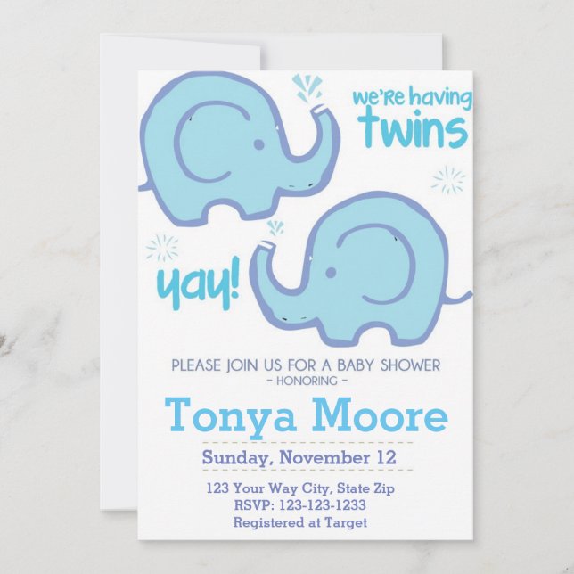 Invitación a Baby Shower para elefantes gemelos (n (Anverso)