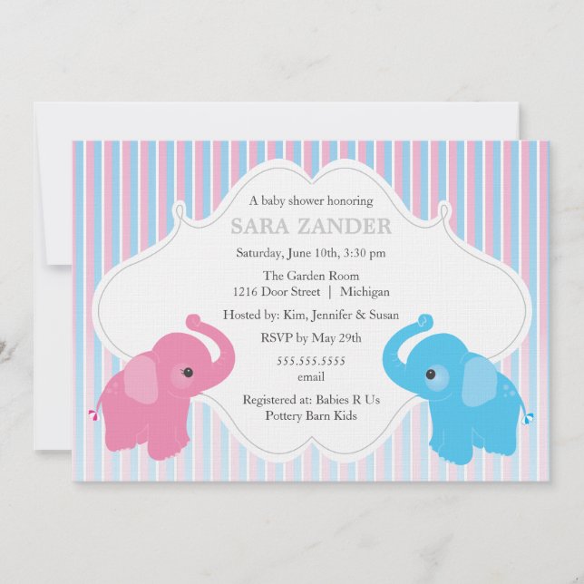 Invitación a Baby Shower para elefantes gemelos y  (Anverso)