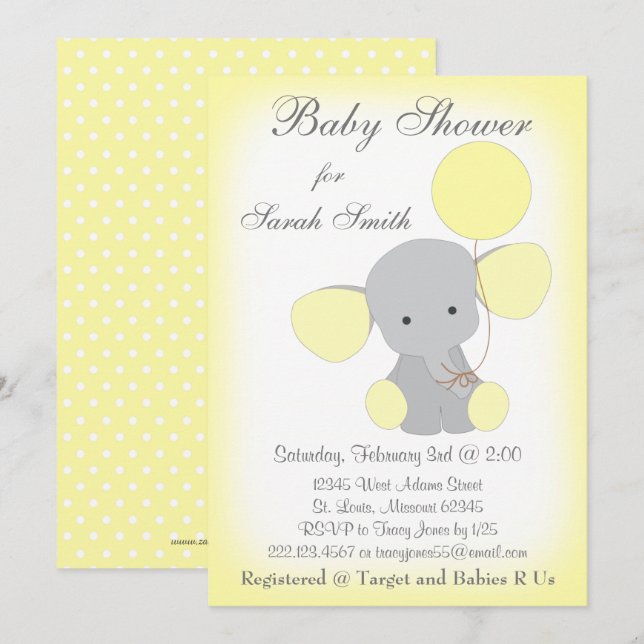 Invitación a Baby Shower para elefantes Gris amari (Anverso / Reverso)