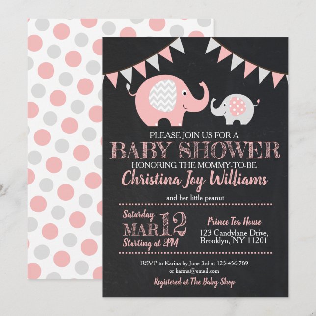 Invitación a Baby Shower para elefantes grises ros (Anverso / Reverso)
