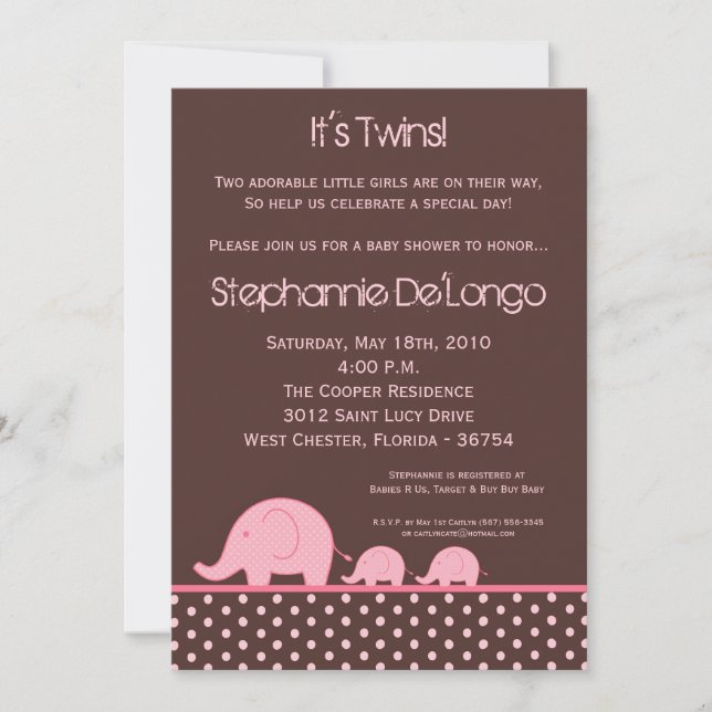 Invitación a Baby Shower para elefantes mellizos C (Anverso)