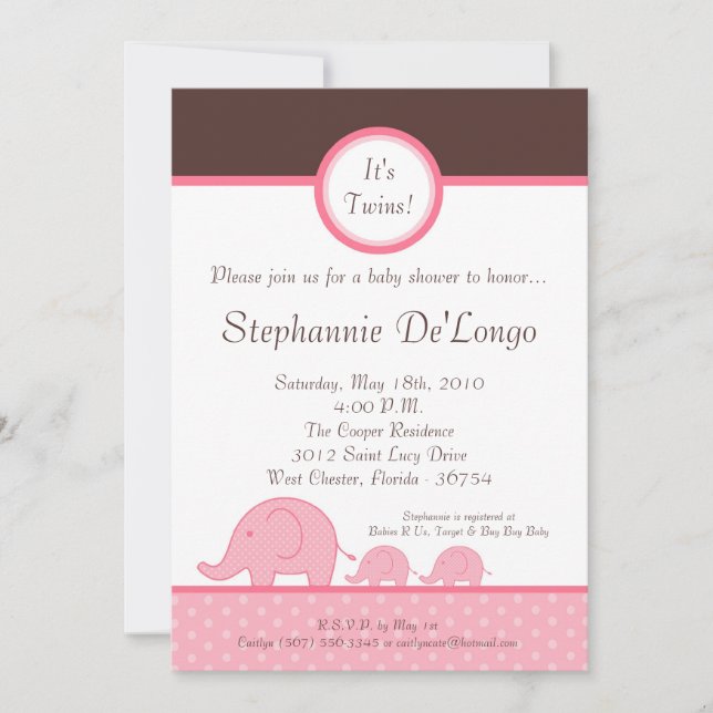 Invitación a Baby Shower para elefantes mellizos C (Anverso)