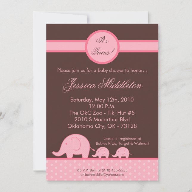 Invitación a Baby Shower para elefantes mellizos C (Anverso)