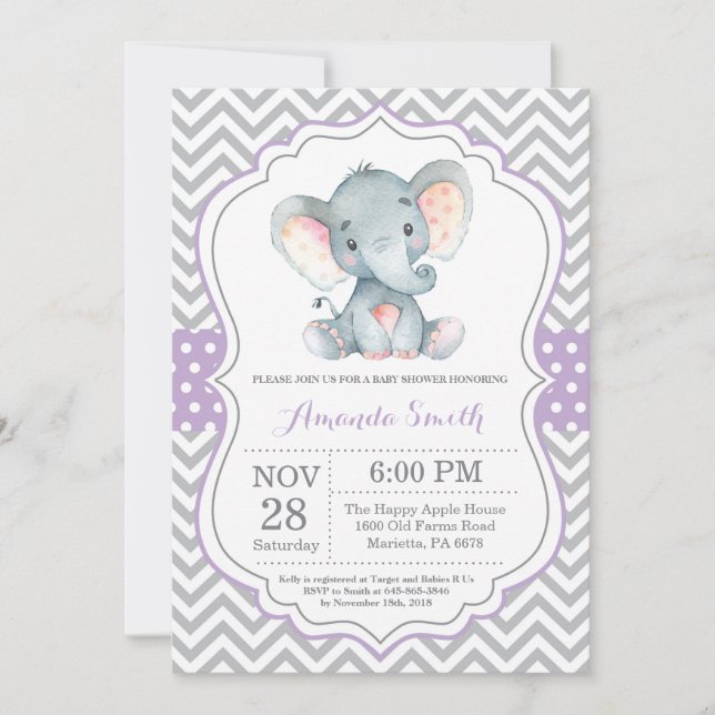 Invitación a Baby Shower para elefantes morado y g (Anverso)
