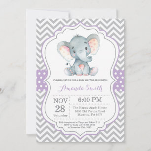 Invitación a Baby Shower para elefantes morado y g