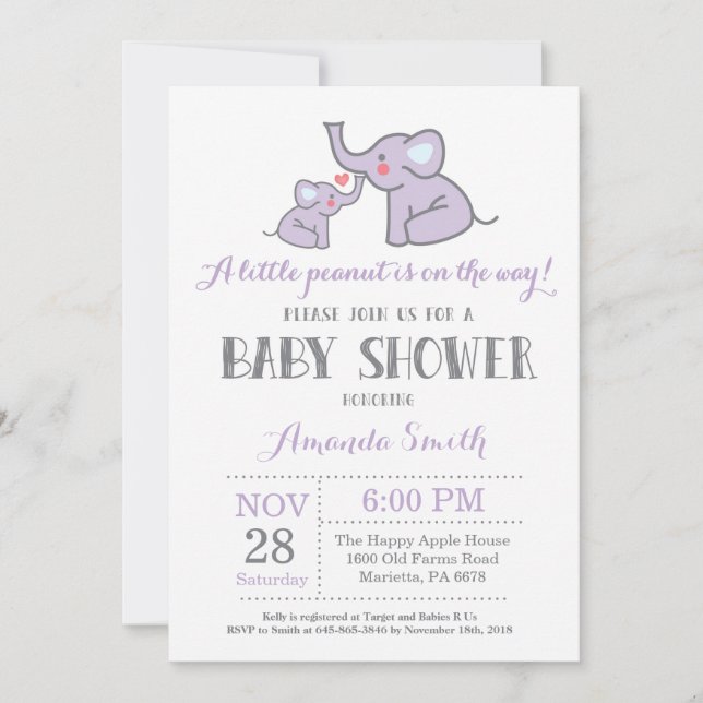 Invitación a Baby Shower para elefantes morado y g (Anverso)