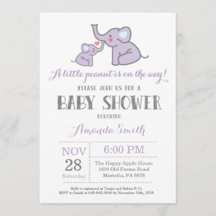Invitación a Baby Shower para elefantes morado y g