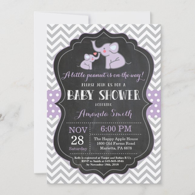 Invitación a Baby Shower para elefantes morado y g (Anverso)