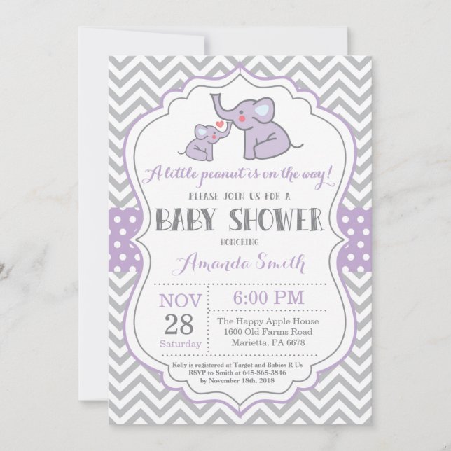 Invitación a Baby Shower para elefantes morado y g (Anverso)