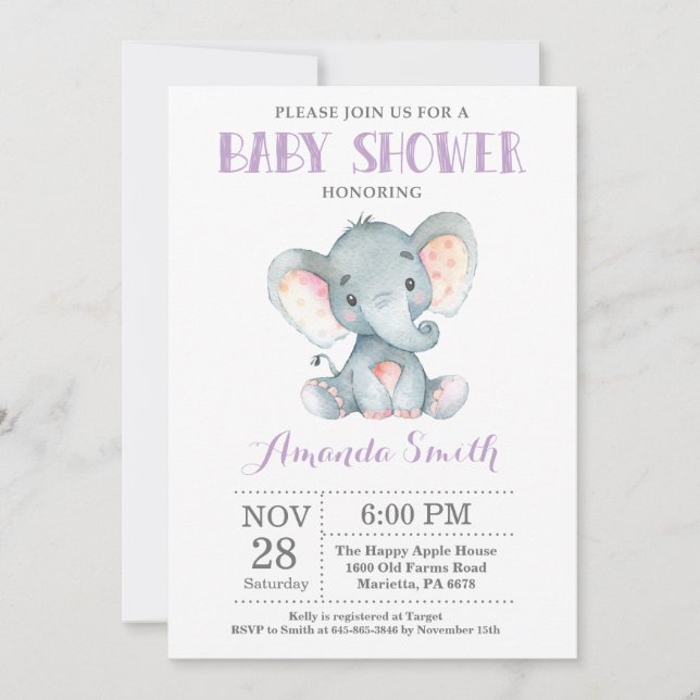 Invitación a Baby Shower para elefantes morado y g (Anverso)