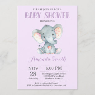 Invitación a Baby Shower para elefantes morado y g