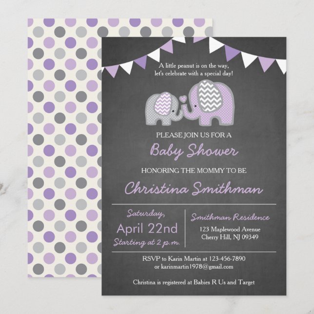 Invitación a Baby Shower para elefantes morados (Anverso / Reverso)