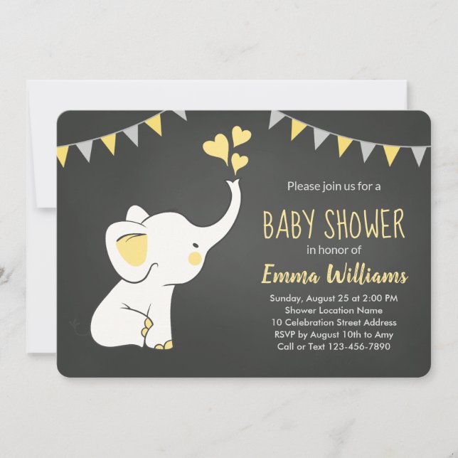 Invitación a Baby Shower para elefantes Negro gris (Anverso)