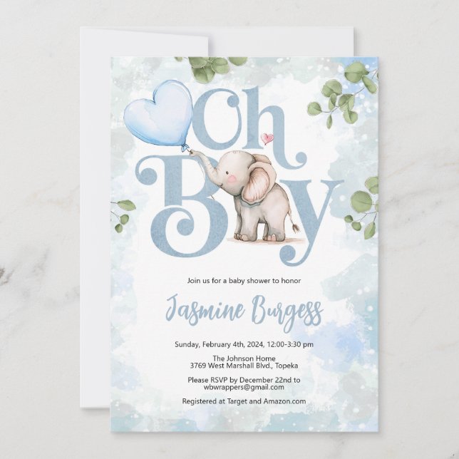 Invitación a Baby Shower para elefantes - Oh Boy (Anverso)