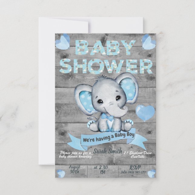 Invitación a Baby Shower para elefantes para niños (Anverso)
