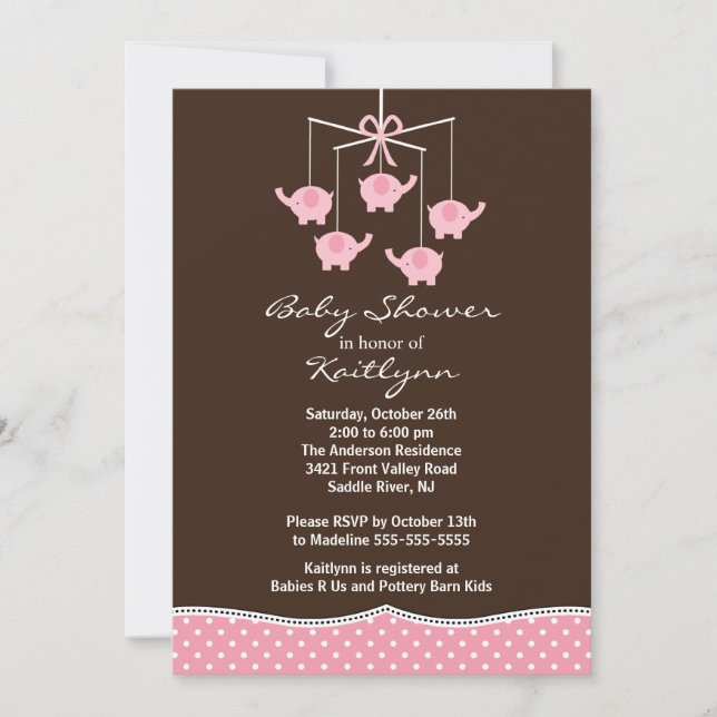 Invitación a Baby Shower para Elefantes Pink Mobil (Anverso)