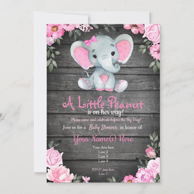 Invitación a Baby Shower para Elefantes Rosa, rúst (Anverso)