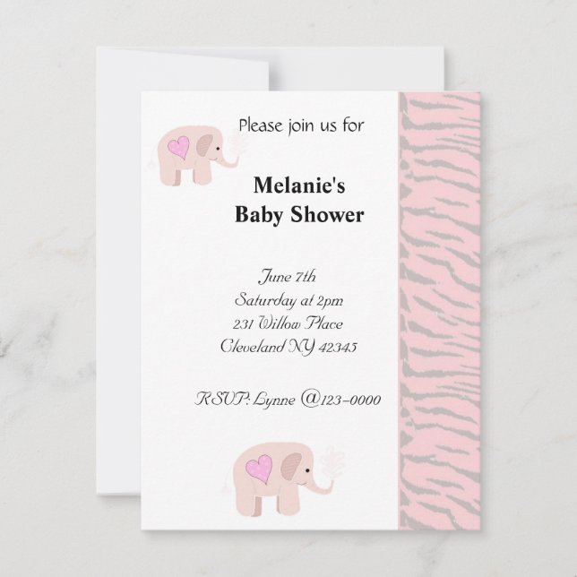 Invitación a Baby Shower para elefantes rosa suave (Anverso)